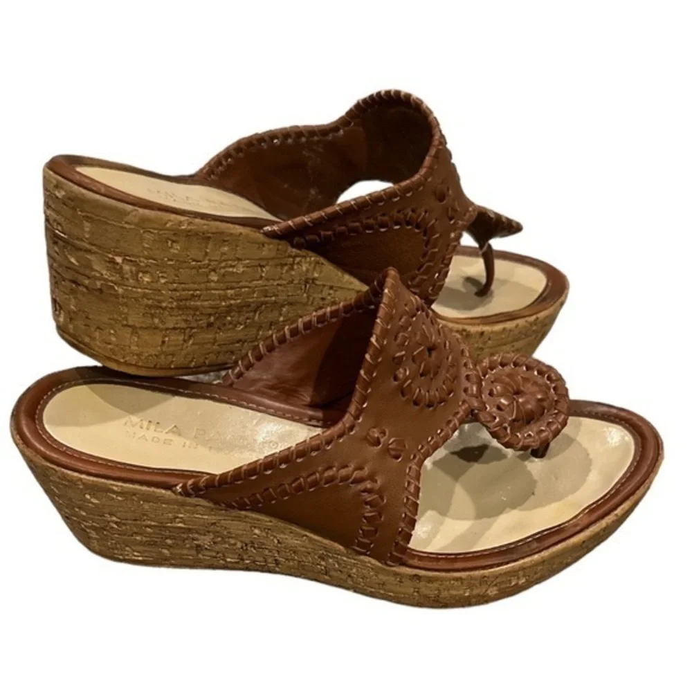 MILA PAOLI LEATHER WEDGE PLATFORM WHIPSTITCH NAVAJO TAN SANDAL SHOES 7.5